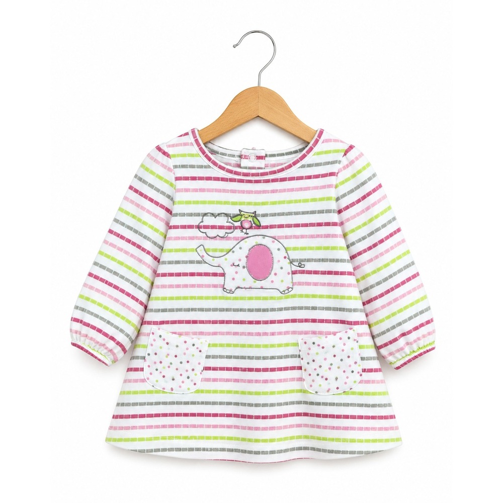 Nursery Rhyme Girls Dress Sz 0-3 Mo Elephant Bird Pink Green Stripe Bloomers NEW